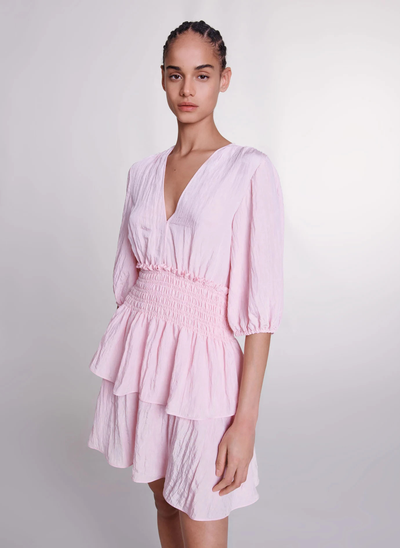 Robe courte col V à volants| Rose