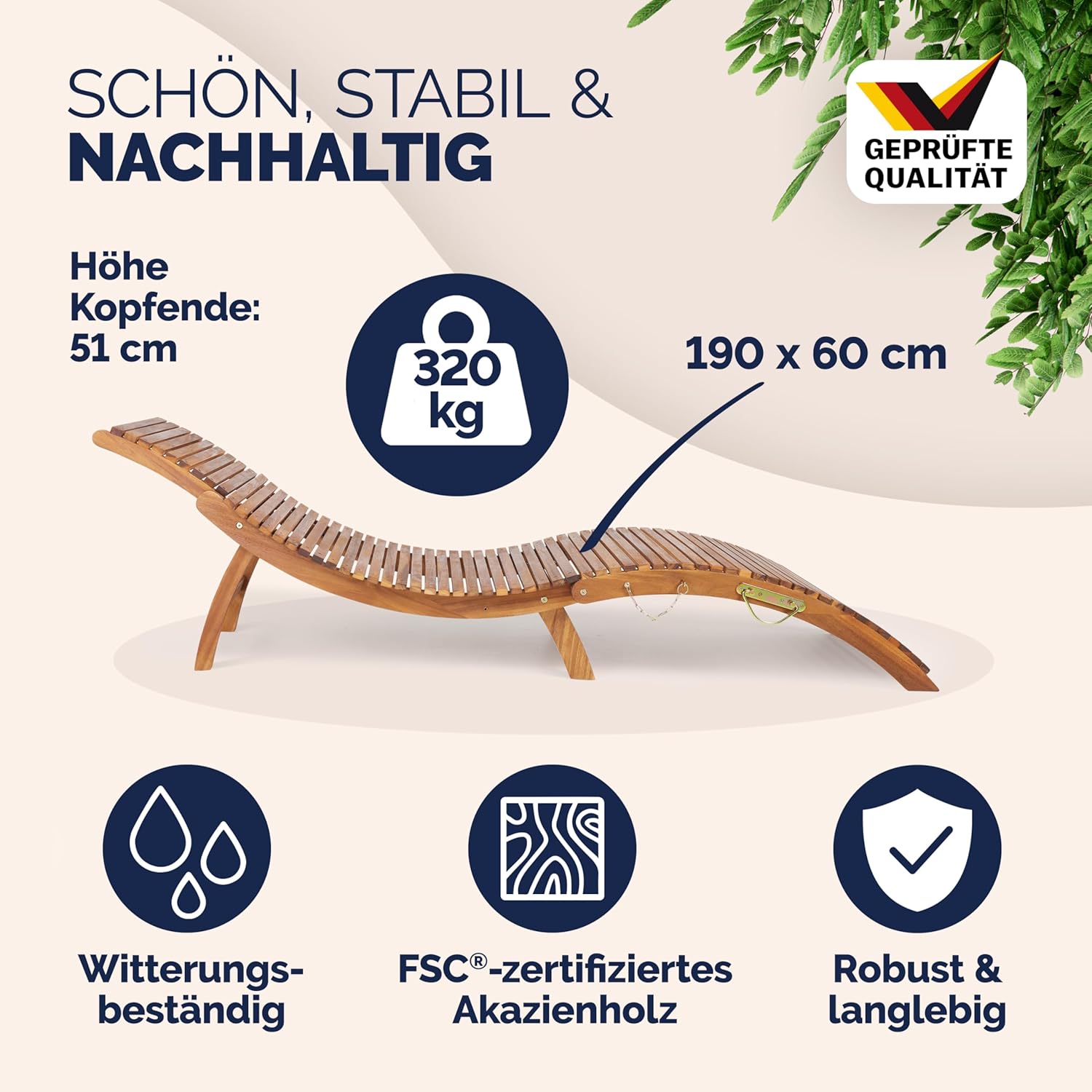 Casaria® Sonnenliege Klappbar Holz FSC®-Zertifiziert 320kg Belastbarkeit 190x60cm Tragegriff Kofferfunktion Garten Balkon Terrasse Gartenliege Klappliege Akazie