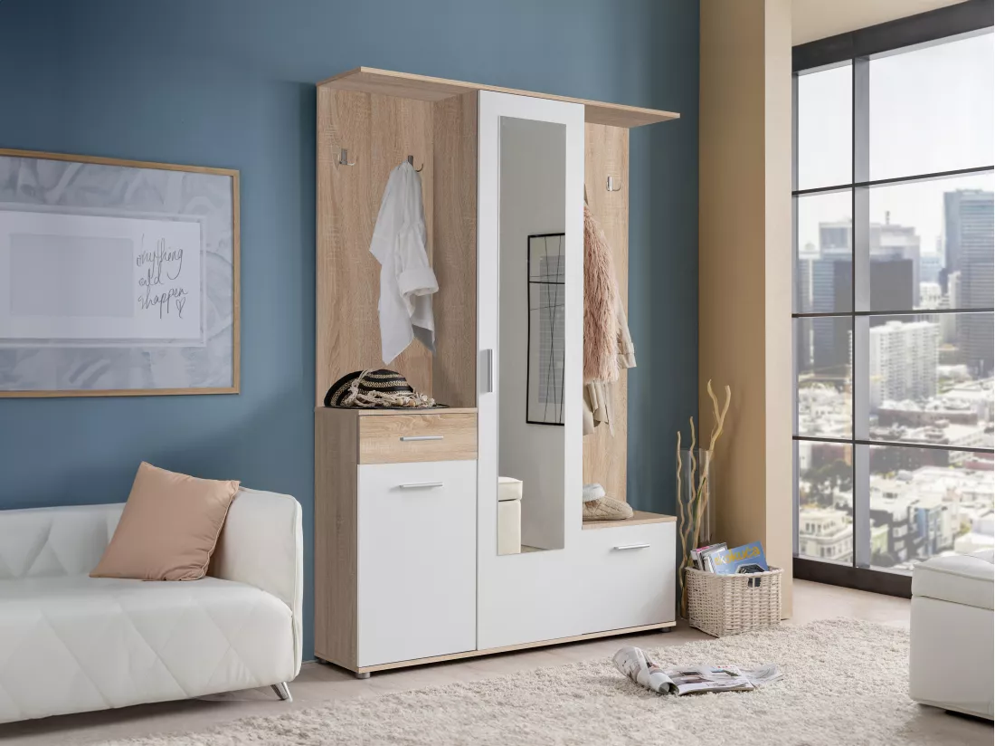 Vestiaire avec 3 portes, 1 tiroir et 1 miroir - Naturel et blanc - CAMOLA