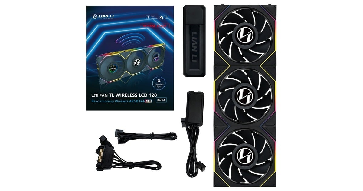 Lian LiUNI FAN TL 120 LCD Wireless Reverse Blade RGB case fans  (Zwart, 3 stuks, 120 x 124 x 28 mm, PWM, 1x 9-pin USB, incl. controller)