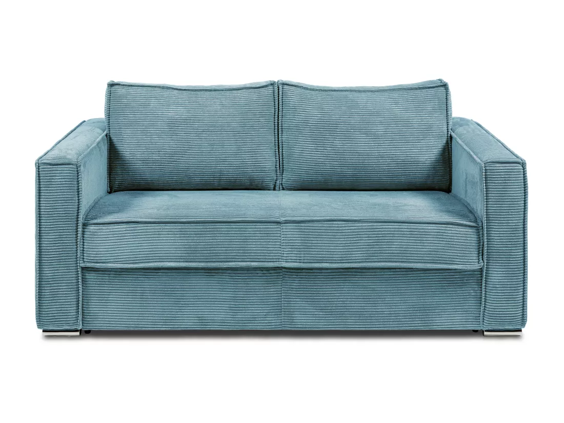Canapé 3 places convertible express en velours côtelé bleu turquoise - Couchage à lattes larges 140 cm - Matelas 18 cm LORETO