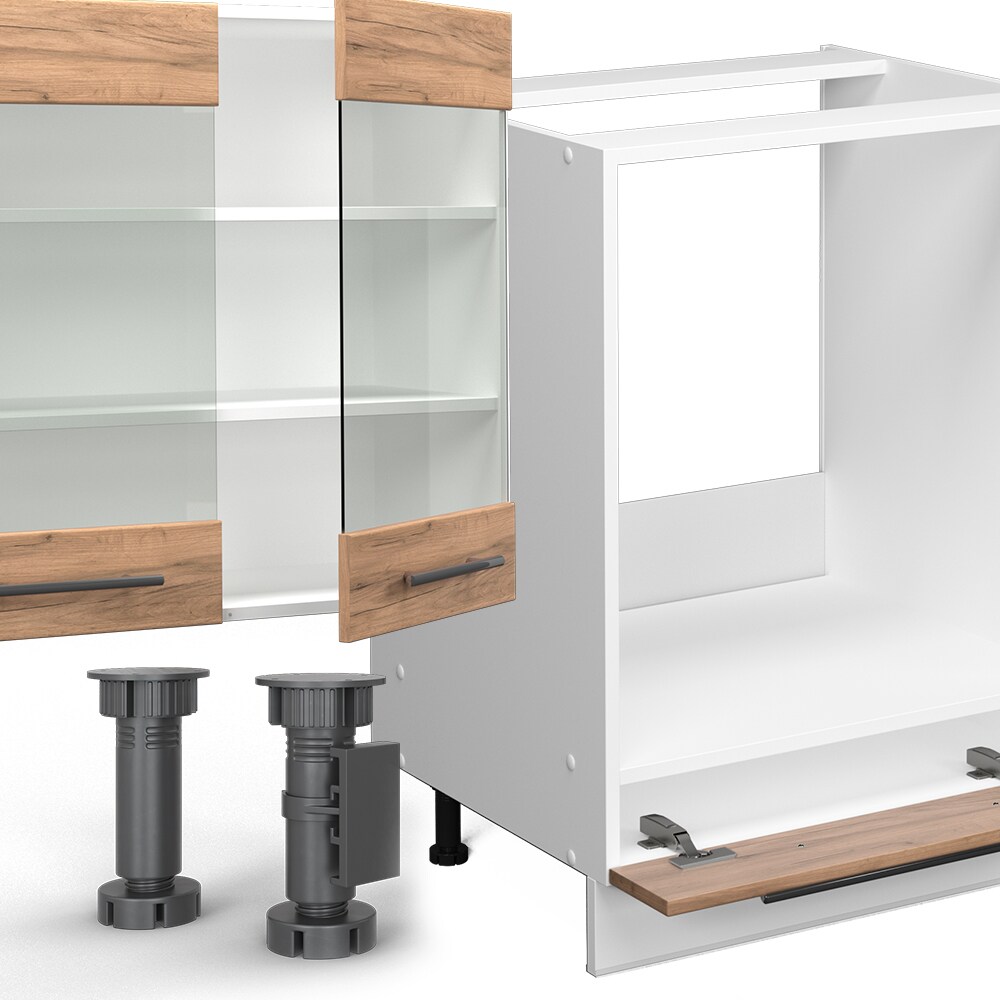 Vicco Eckküche Küchenzeile Einbauküche Fame-Line Weiß Eiche 257x347 cm modern Spülenunterschrank Unterschrank Herdumbauschrank Hängeschrank Kühlumbauschrank Apothekerhochschrank Blende