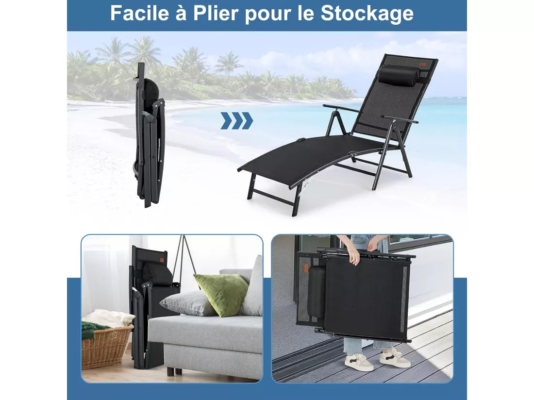 Chaise Longue Pliante, Transat Inclinable Portable avec Dossier Réglable sur 7 Positions, Bain de Soleil avec Accoudoir, Repose-Tête, Extérieur pour Piscine, Jardin, Balcon (Noir)