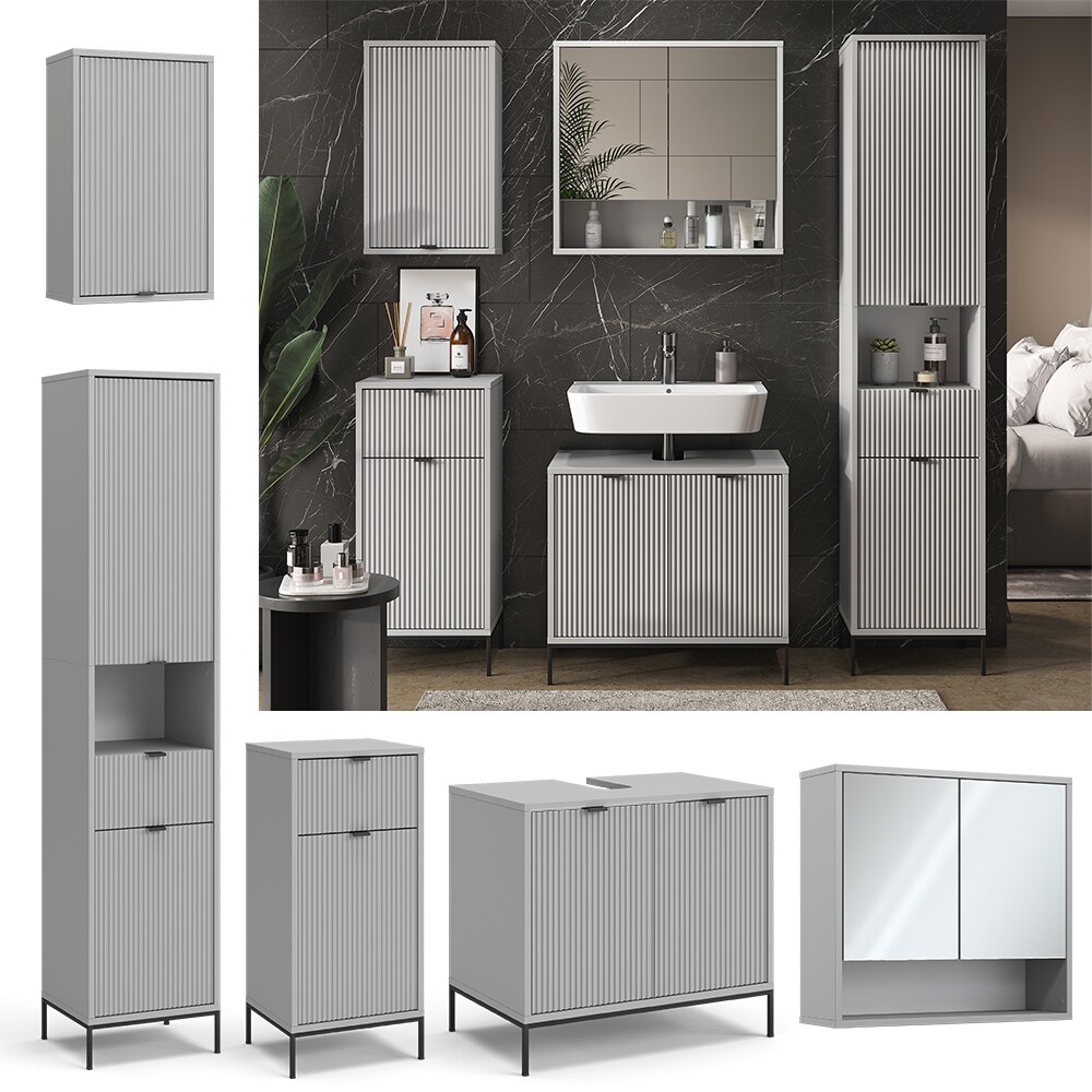 Vicco Badmöbel-Set Eliza, Grau, Badezimmer, moderne Badserie, extravagante Fronten, Waschtischunterschrank, Spiegelschrank, Midischrank, Hängeschrank, Hochschrank