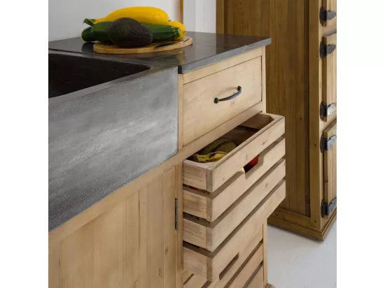 Meuble bas de cuisine en bois recyclé et pierre bleue Romain