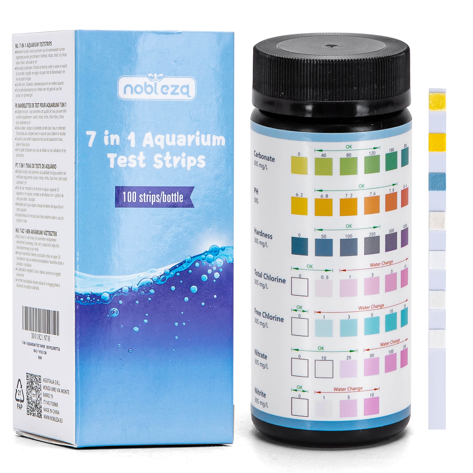 Nobleza - Tiras de teste 7 em 1 para aquário, tiras de teste para água doce, testam dureza, nitrato, nitrito, cloro livre, cloração total, carbonato e pH (100 unidades)