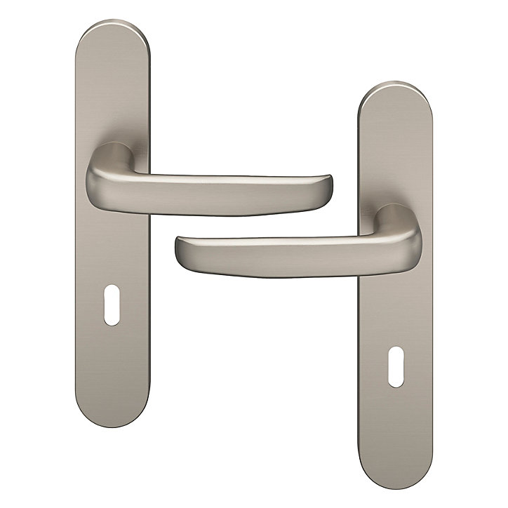 Ensemble poignée sur plaque rond serrure GoodHome Govlin effet nickel satin gris L.130mm x l.42mm entraxe 165-195mm