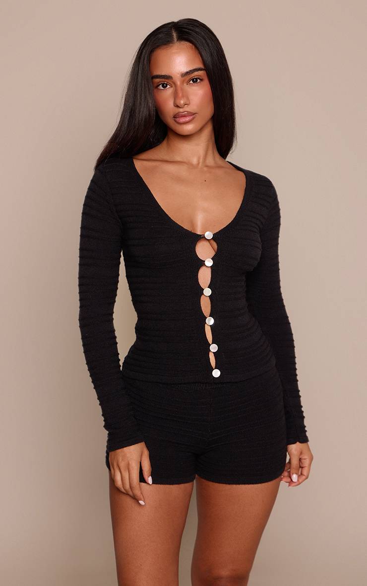 Noir Cardigan Petite En Maille Côtelée À Col V