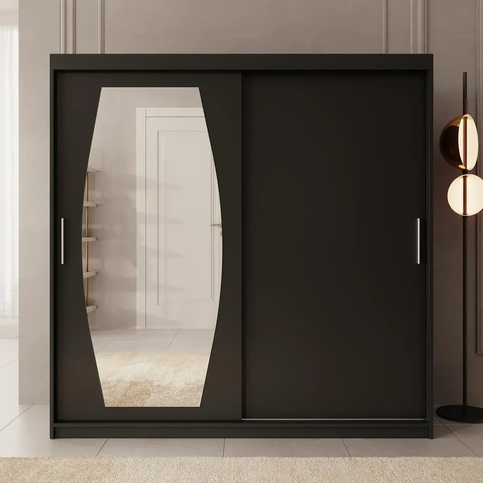 Meubella - Kledingkast Azai - Zwart - 200 cm - Met spiegel