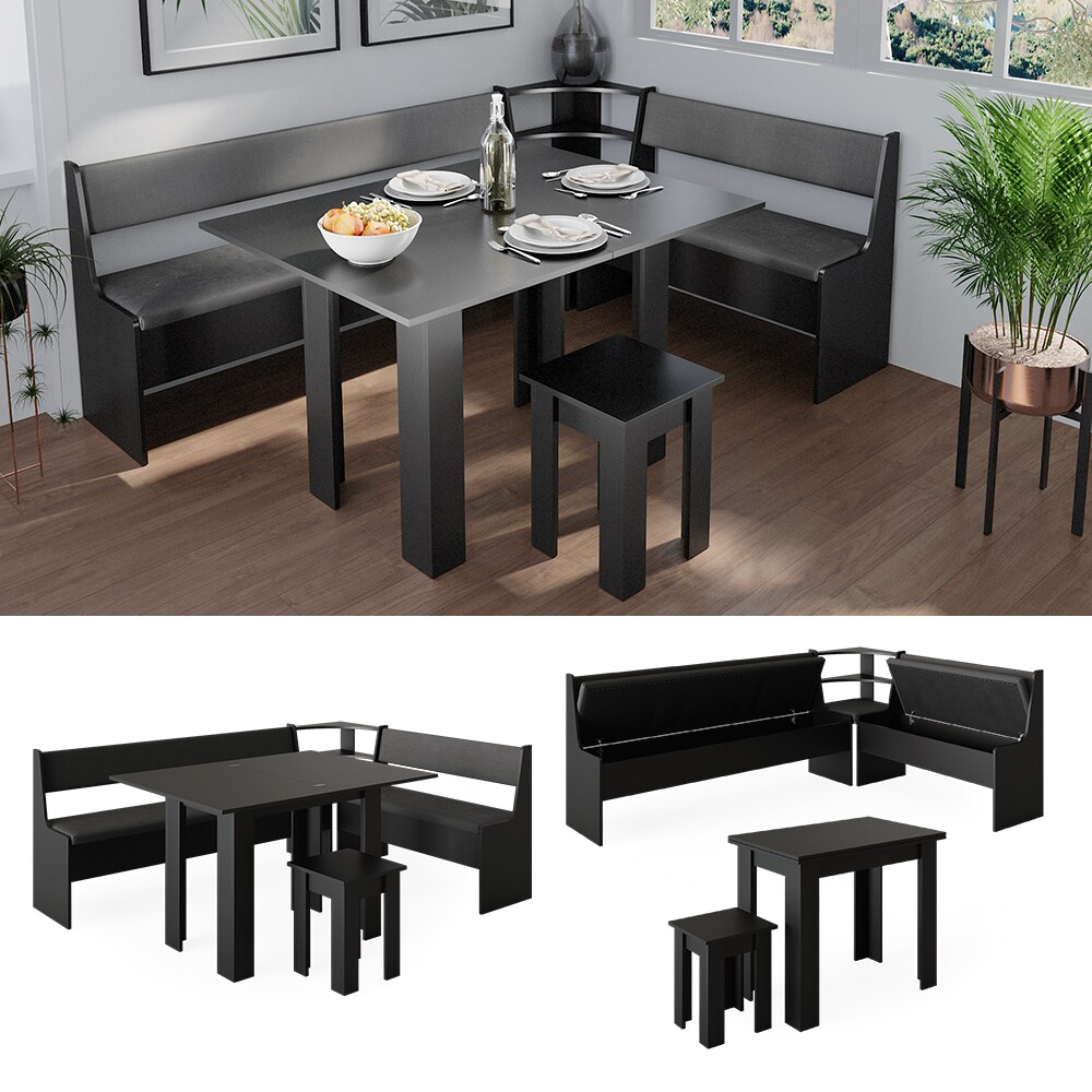 Vicco Eckbankgruppe Küchensitzgruppe Esszimmergruppe Roman Schwarz modern 210x150 cm Sitzbank Sitzecke Küchentisch Tischhocker Küchenmöbel Polstermöbel Esszimmermöbel