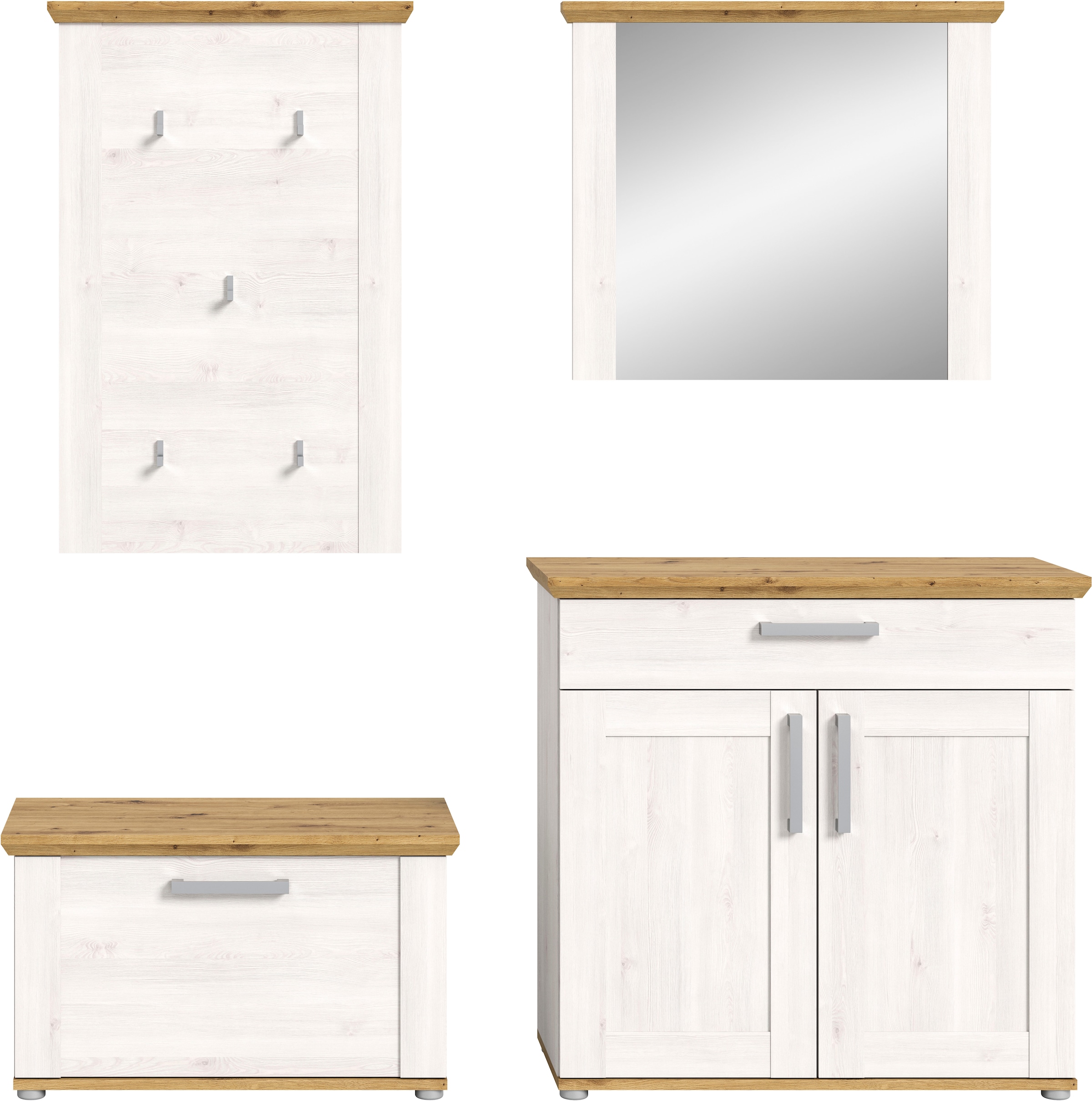 Home affaire Garderoben-Set »COSENZA, TOPSELLER!, Breite ca. 190 cm, 4-teilig, in Landhausoptik« bestehend aus: Sitzbank, Garderobenpaneel, Schuhschrank, Spiegel, 4 Stk. tlg.