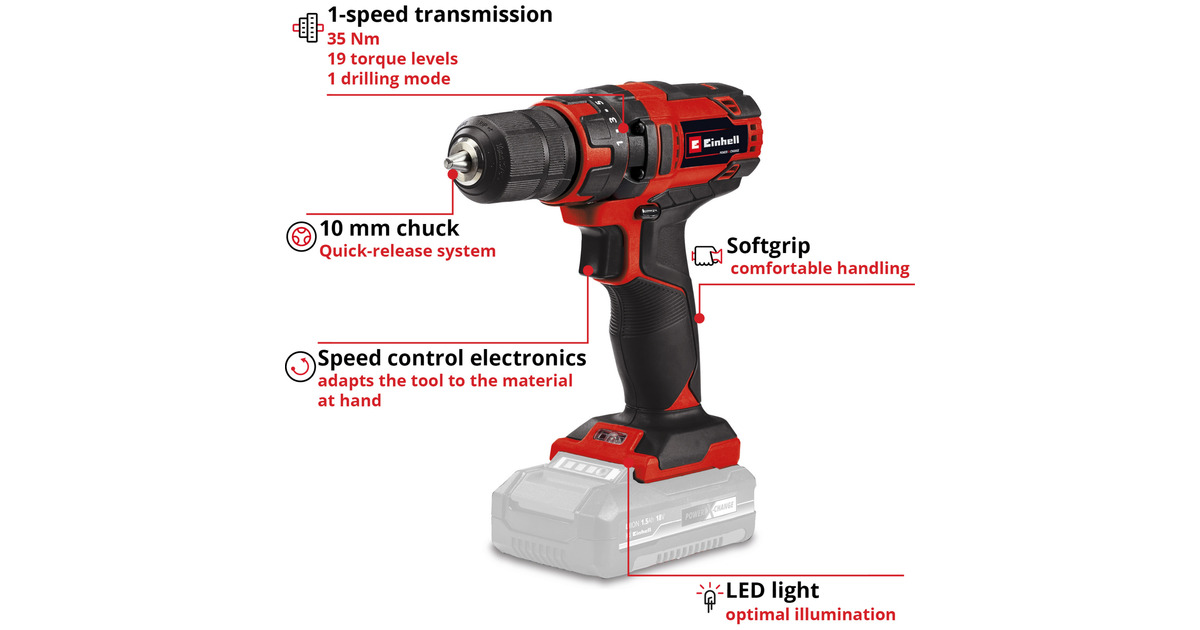 EINHELLAccu Boor- en schroefmachine TC-CD 18/35 Li Solo schroeftol  (Rood/zwart, Accu en oplader niet inbegrepen)