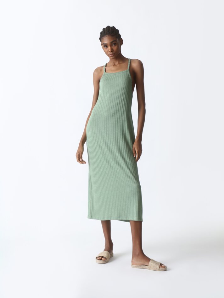 Vestido maxi canelado - Verde escuro