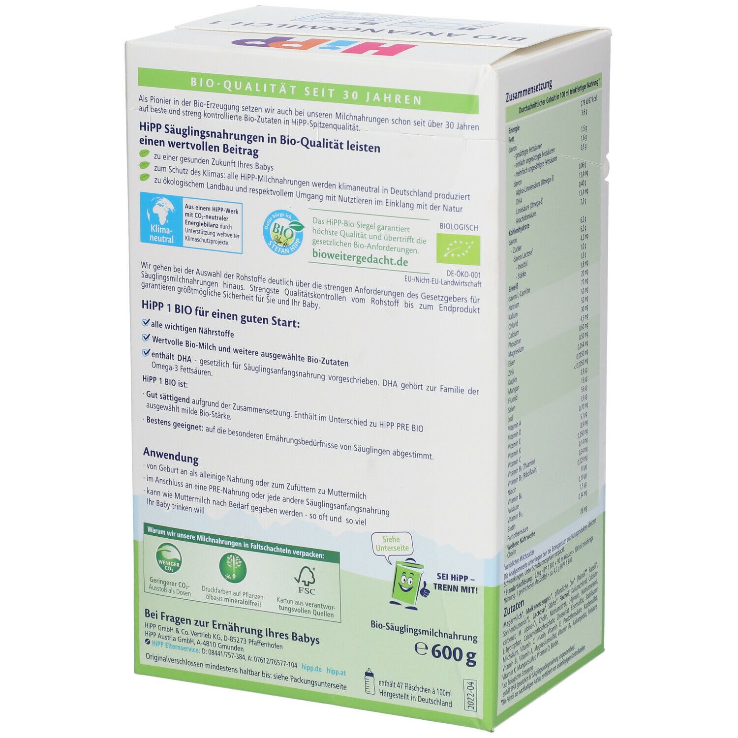 Hipp Bio 1 Anfangsmilch von Geburt an
