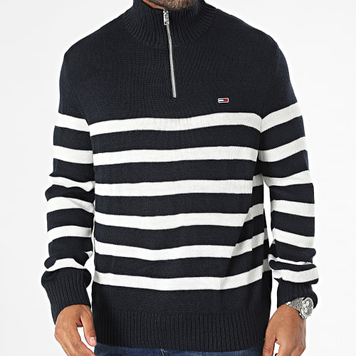 Pull Col Zippé Colorblock 6790 Bleu Marine Blanc