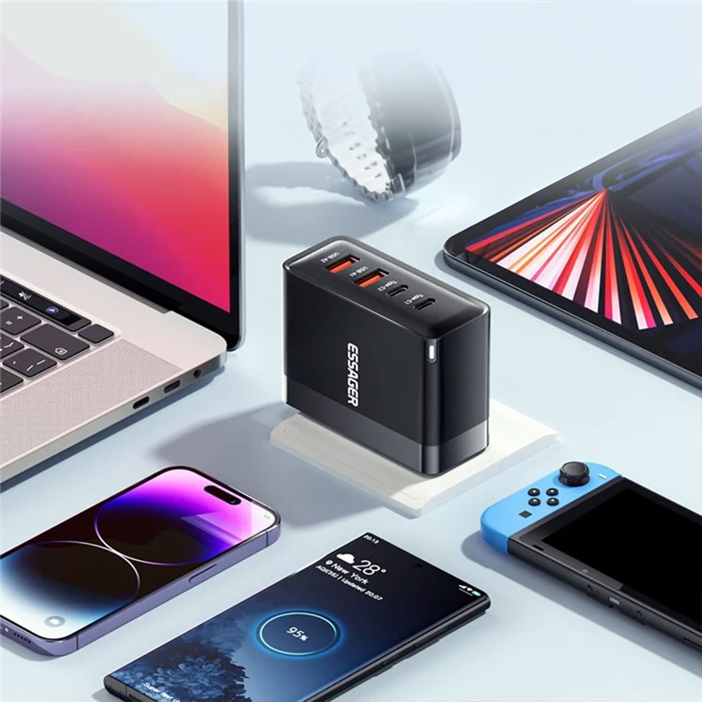 (100W) 2x USB A / 2x USB C GaN Ladegerät Netzteil Power Delivery / Quick Charge - Schwarz