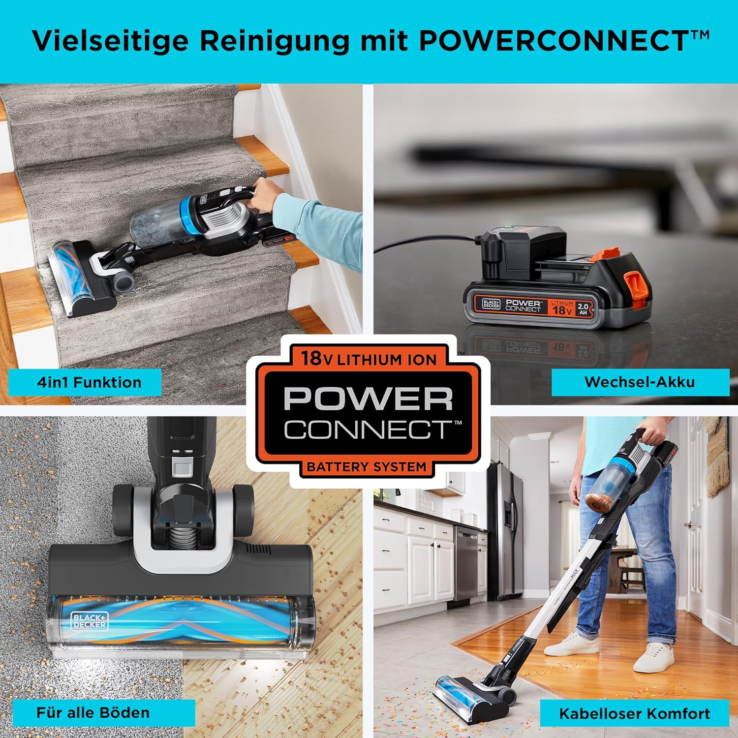 BLACK+DECKER POWERSERIES Extreme MAX Akku-Stielstaubsauger (18V, 2.0Ah, beutelloser 4in1 Boden- & Handstaubsauger, kabellos, mit Elektrobürste & LED-Licht, inkl. Zubehör, Akku & Ladegerät) BHFEB520D1