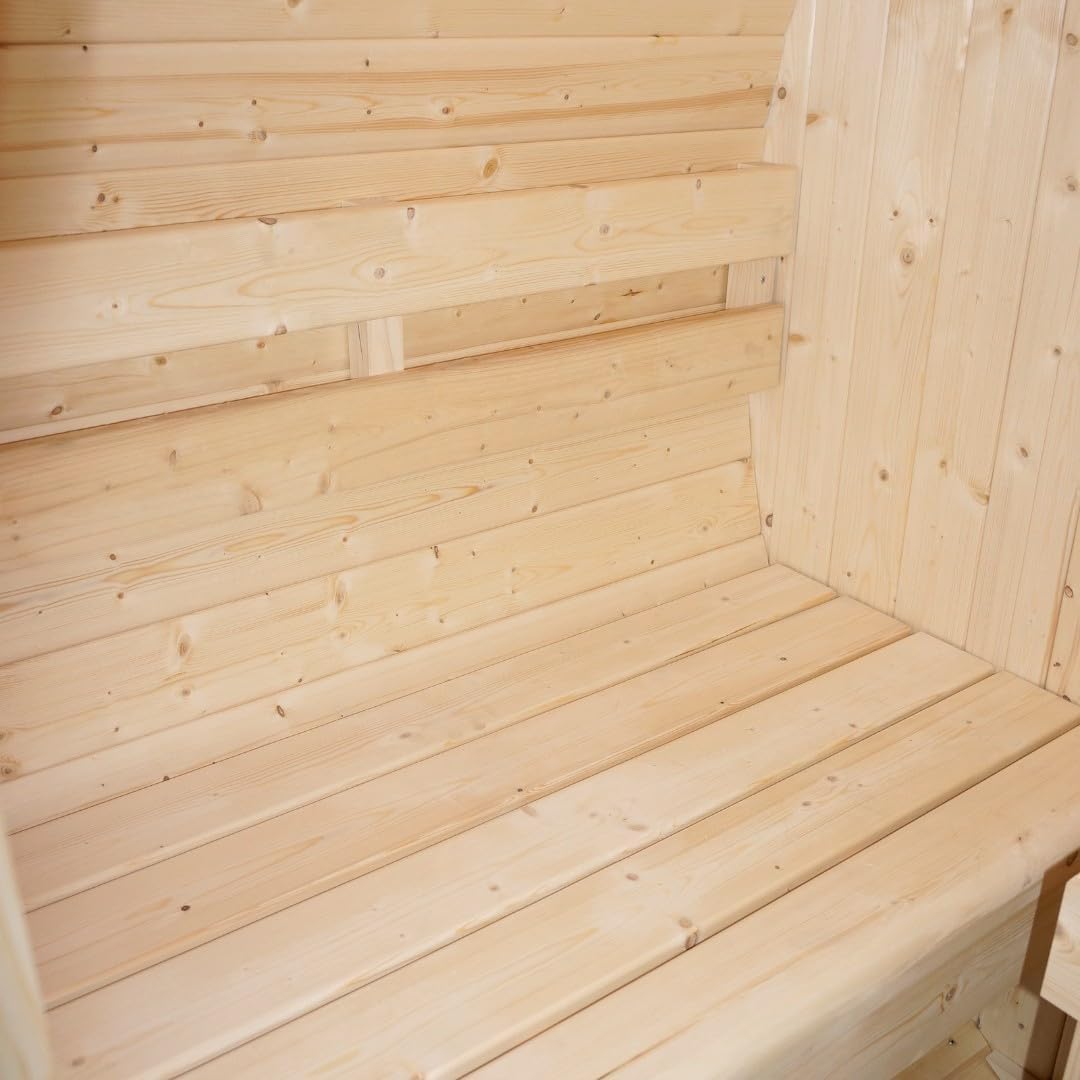 SANOTECHNIK Outdoor Fasssauna TROMSÖ M – 2 Personen Gartensauna aus Fichtenholz, Harvia Saunaofen 3,6 kW, ESG-Glas, Asphaltdach, 189×120×191,5 cm, F50120