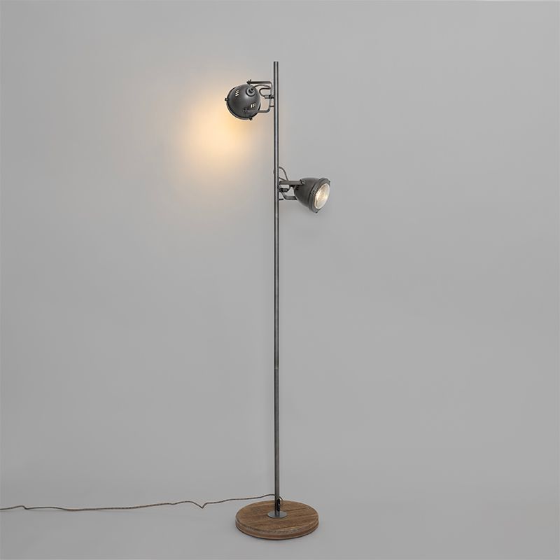 Industriële vloerlamp staal met hout 2-lichts - Emado