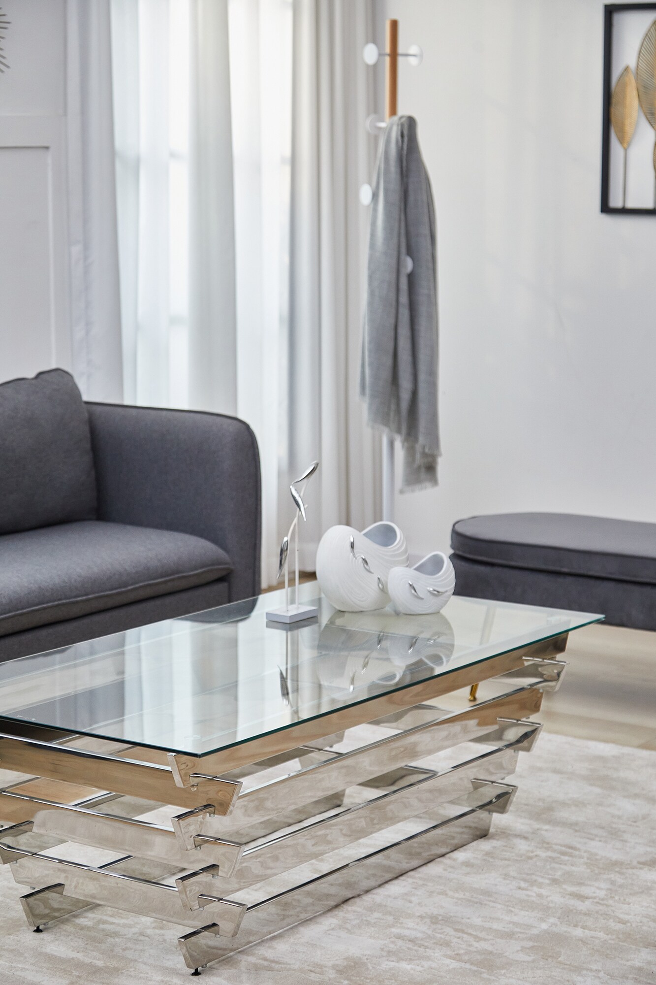 Couchtisch 130x70cm silber Sofatisch Glas Tisch Beistelltisch Wohnzimmertisch