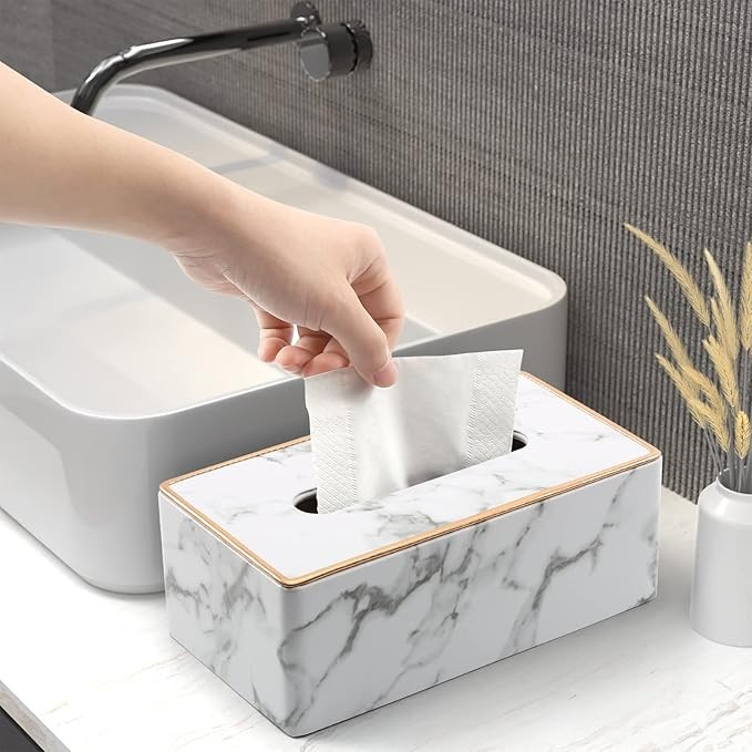 (25x14cm) Leder Taschentuch Spender Home Nastuch Dispenser Kosmetik Tuch Aufbewahrungs Box im Marble Marmor Design - Weiss