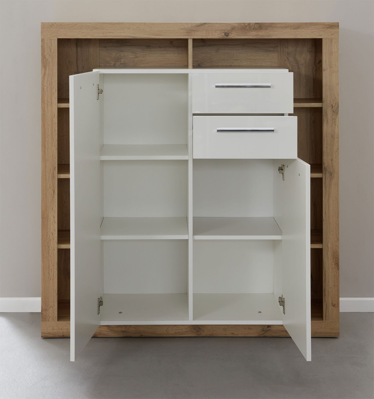 Highboard Rock Weiß Hochglanz/Eiche Wotan Nachbildung 121 x 128 x 40 cm