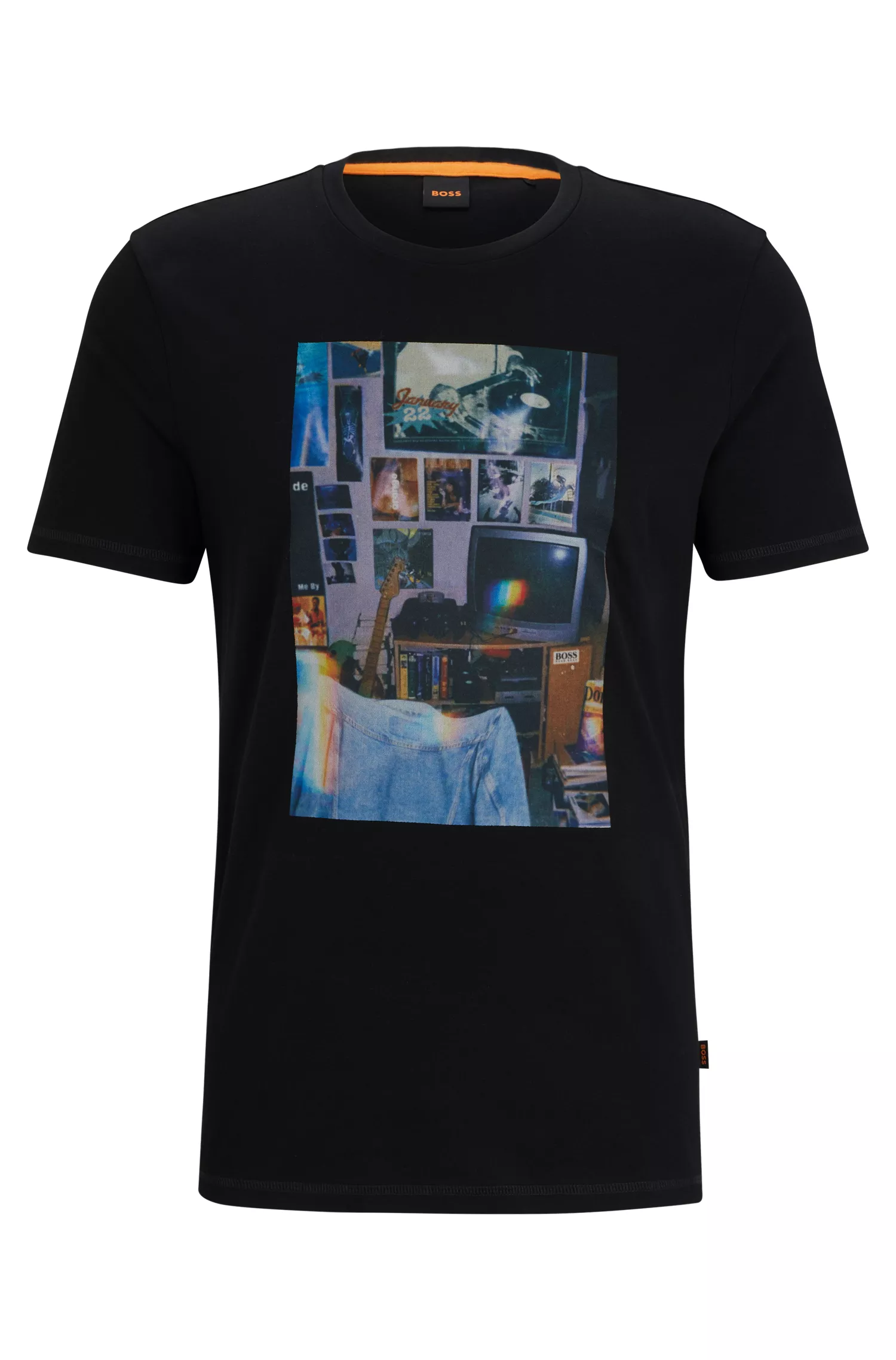 Camiseta BOSS laranja, corte regular, em malha de algodão com estampa da coleção.