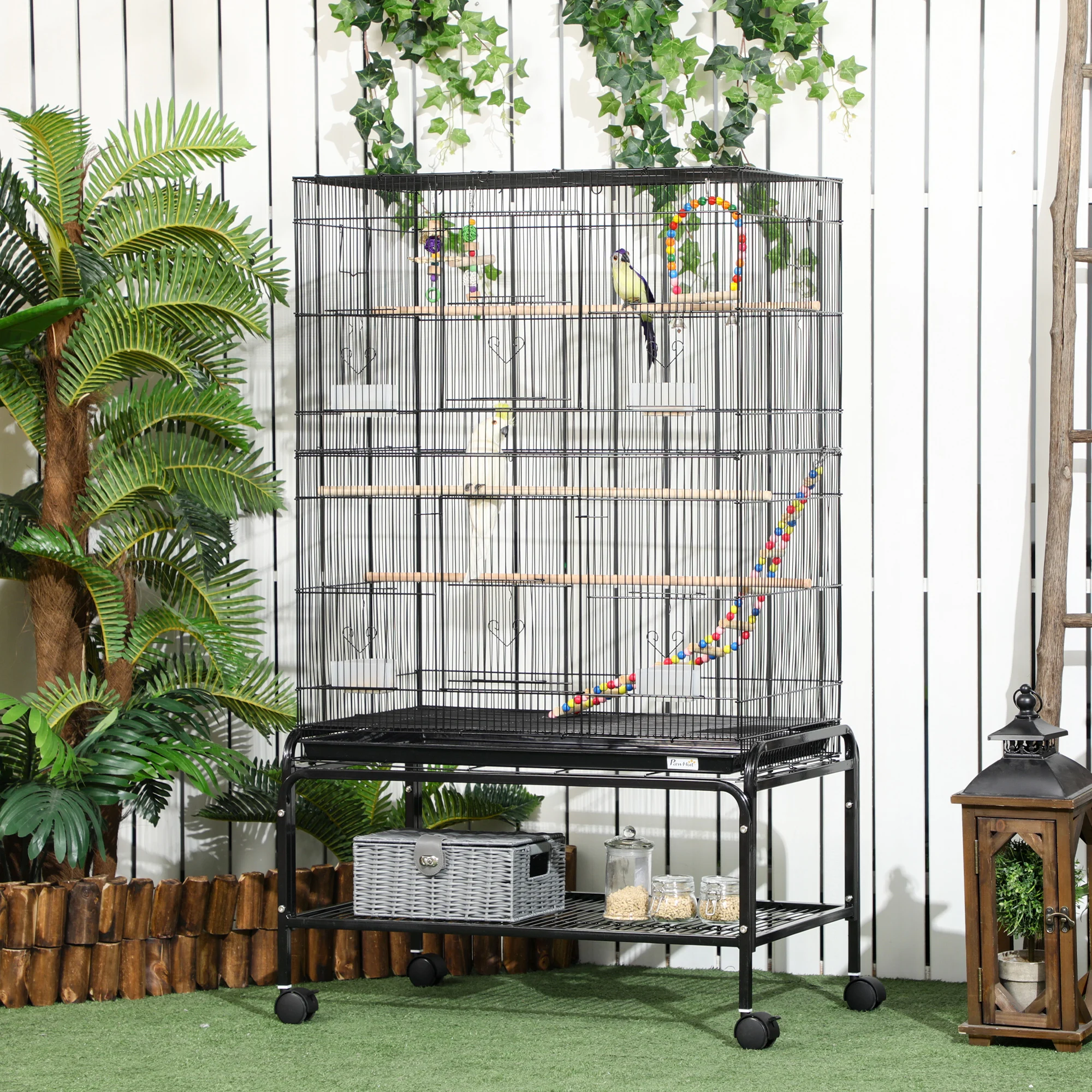 Gaiola para pássaros PawHut com rodas, 79x49x133 cm, em metal, grande, com suporte, 4 comedouros, 3 poleiros, brinquedos, bandeja removível e prateleira para canários e periquitos, preta.
