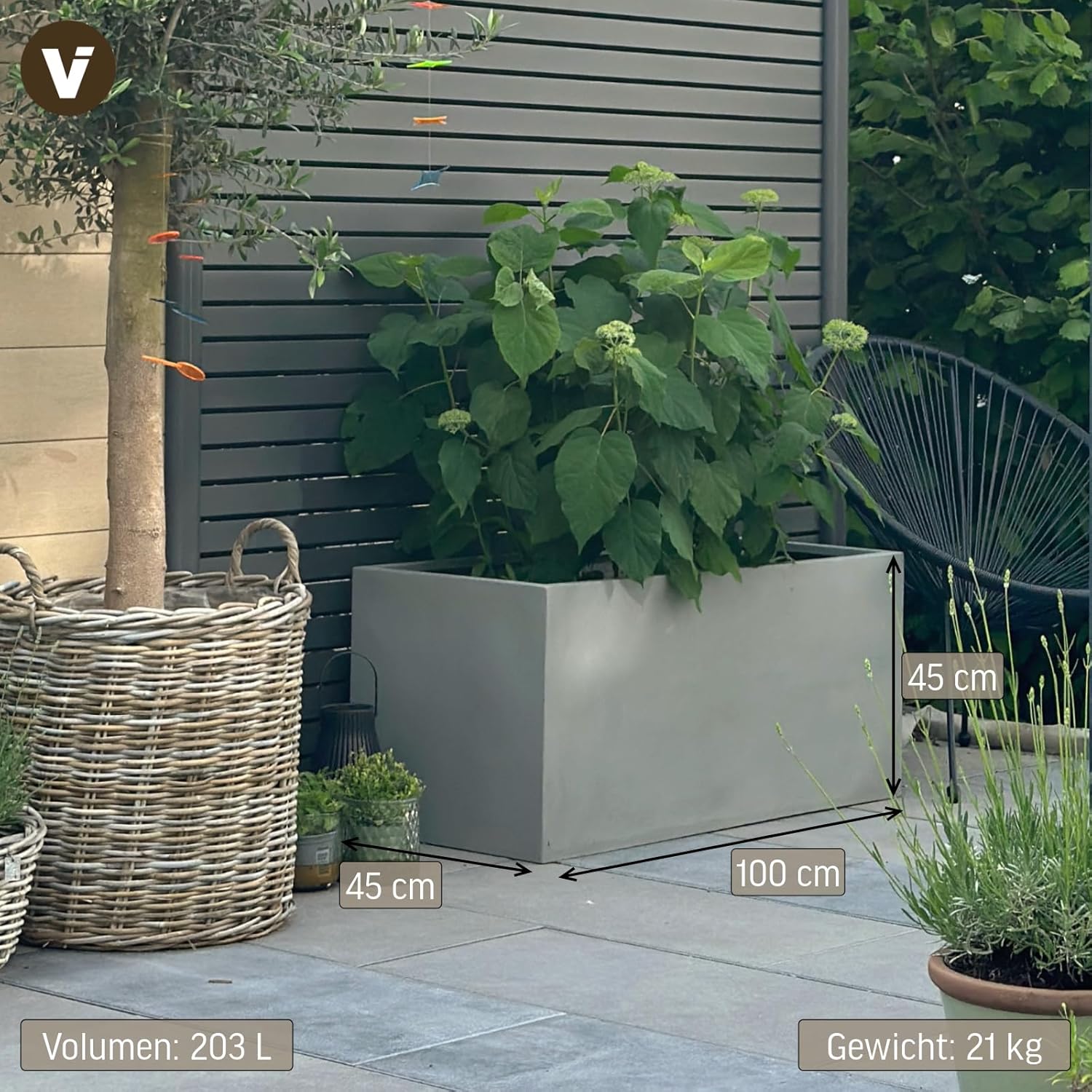 VIVANNO Pflanztrog Maxi Pflanzkübel - 45x100x45 cm Witterungsbeständig, Stilvolles Beton-Design, Fiberglas, In- & Outdoor Blumentopf