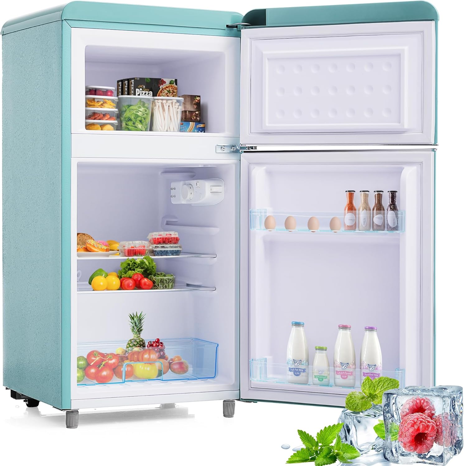 Merax Kühlschrank mit Gefrierfach, Kühl-Gefrierkombination, 72 Liter Doppeltür-Kühlschrank mit 21L Gefrierschrank, 39dB, LED, Glasablagen, Gemüsefach, Türablagen, für Küche, Wohnzimmer, Büro, Cyan