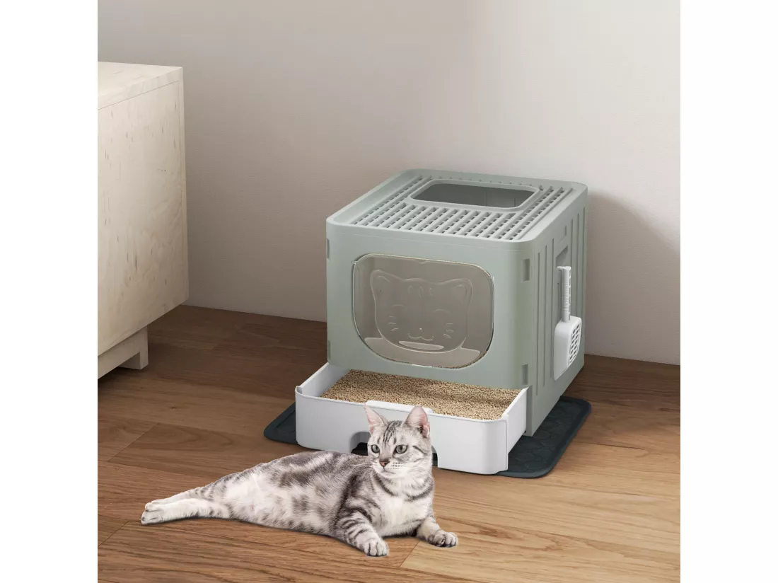YITAHOME Bac à litière pour Chat avec Couvercle, Grand bac à litière fermé, Couvercle inodore, Anti-éclaboussures, avec tiroir, Pelle à litière, bac à litière Pliable avec Couvercle (Gris)