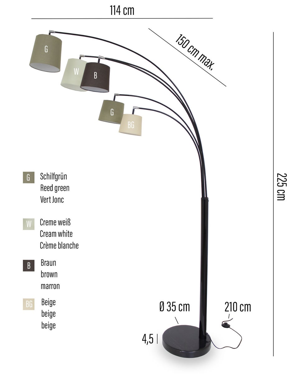 Nivia 5-armige boogvloerlamp, zwart, stoffen kappen in bruine tinten, 225 cm, 11041