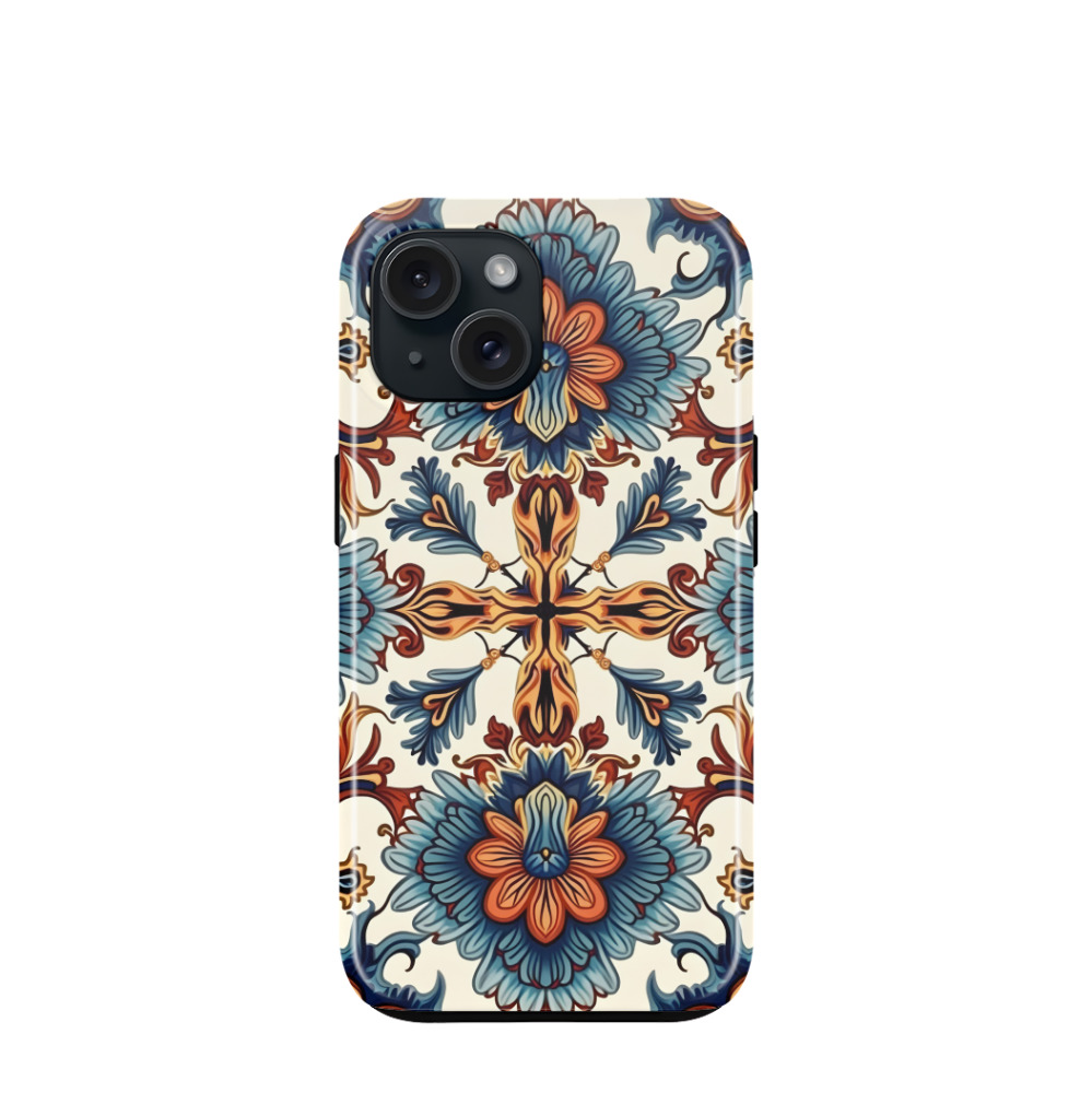 iPhone 15 Hybrid (Kunststoff / Gummi) Hülle Majolika Blütenzauber - Braun
