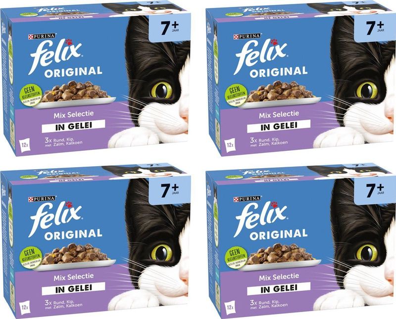 Felix Original in Gelei 7+ Senior Mix Selectie - Kattenvoer Natvoer - Rund Kip Kalkoen & Zalm - 48 x 85 g