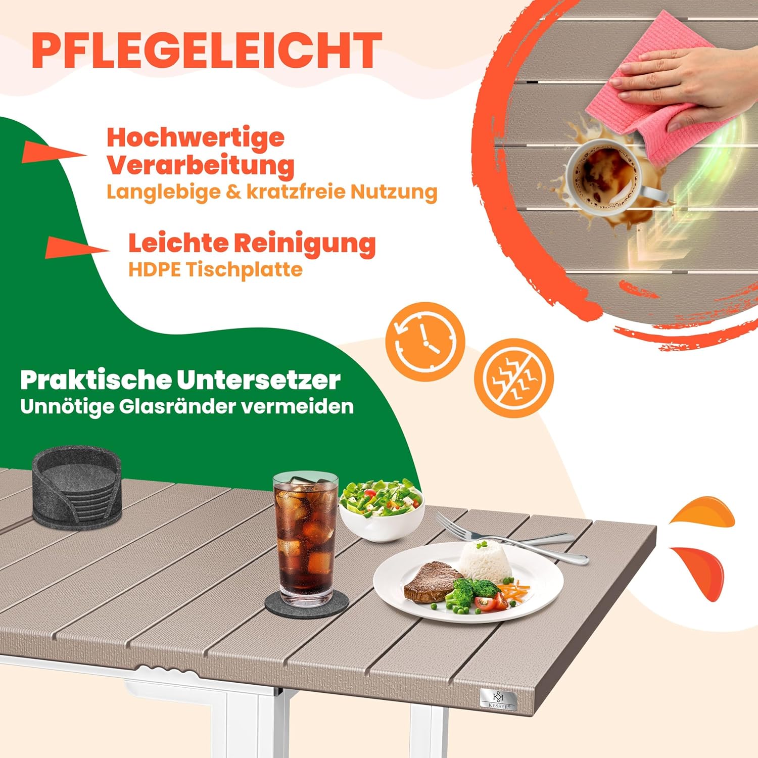KESSER® Gartentisch ausziehbar Esstisch 180/240x90cm erweiterbar bis 8 Personen Ausziehtisch mit pulverbeschichtetem Stahl-Gestell & HDPE Tischplatte Wetterfest & UV-Beständig inkl. 6 Filz-Untersetzer