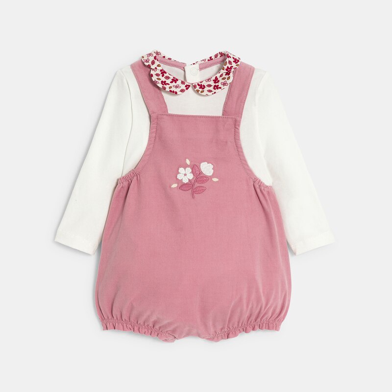 Salopette courte velours et body rose bébé fille Mauve Violet