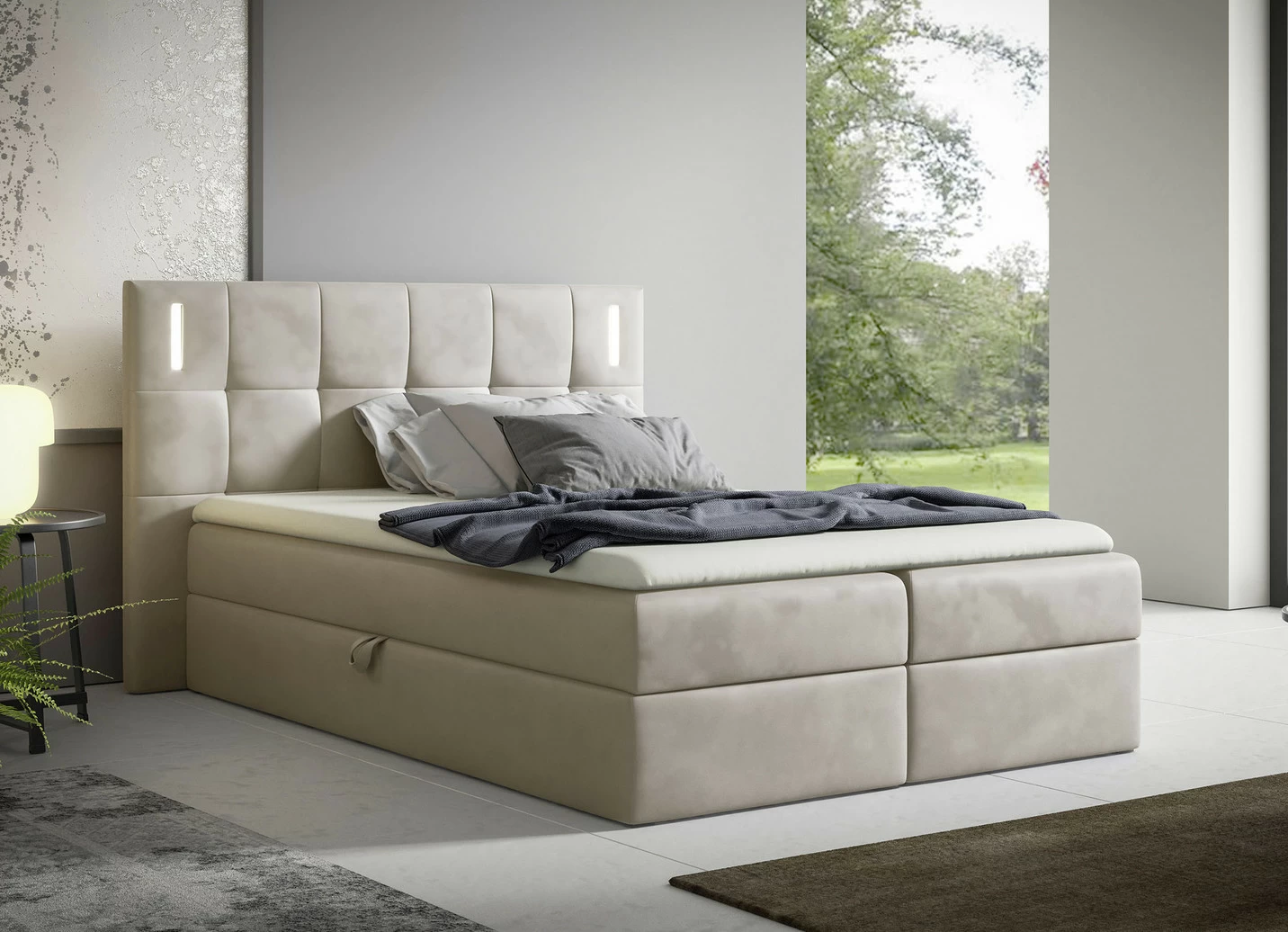 Boxspringbett mit LED-Beleuchtung und Topper