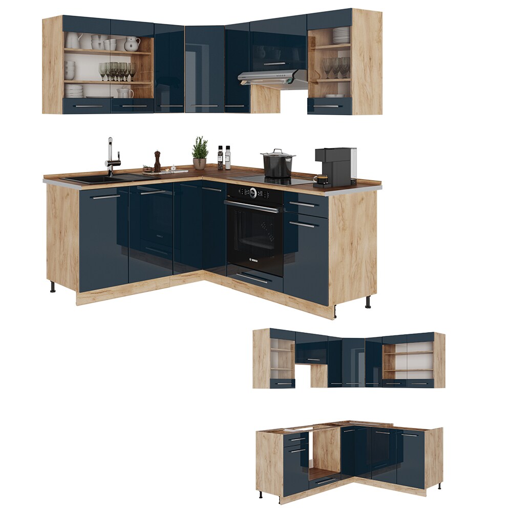 Vicco Eckküche Fame-Line Eiche Dunkelblau Hochglanz 160 x 190 cm mit Arbeitsplatte Weiß-Marmor