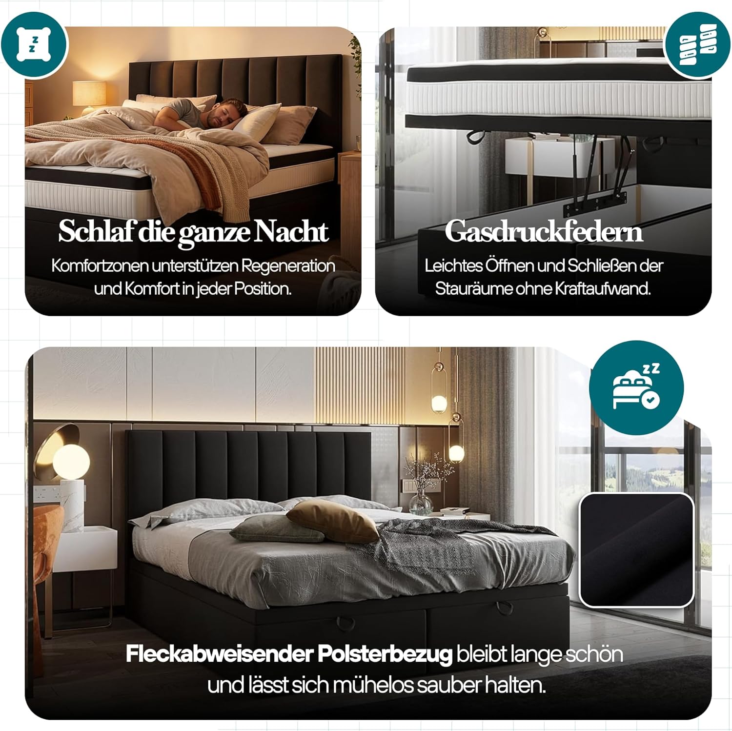 TRADA Boxspringbett Bond - Bett mit Matratze und Bettkasten - Boxspringbett mit gestepptes Kopfteil - Double Bed fur Schlafzimmer - Schwarz - 160 x 200 cm