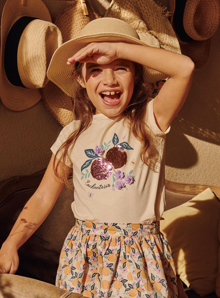 T-shirt vanille manches courtes à motif fleurie
