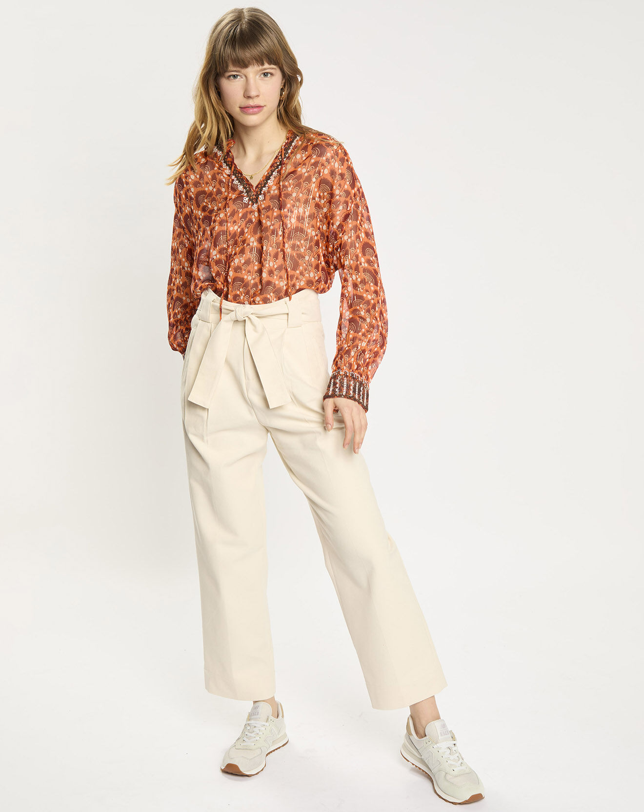 Scotch & Soda Pantalon taille haute droit noeud taille écru
