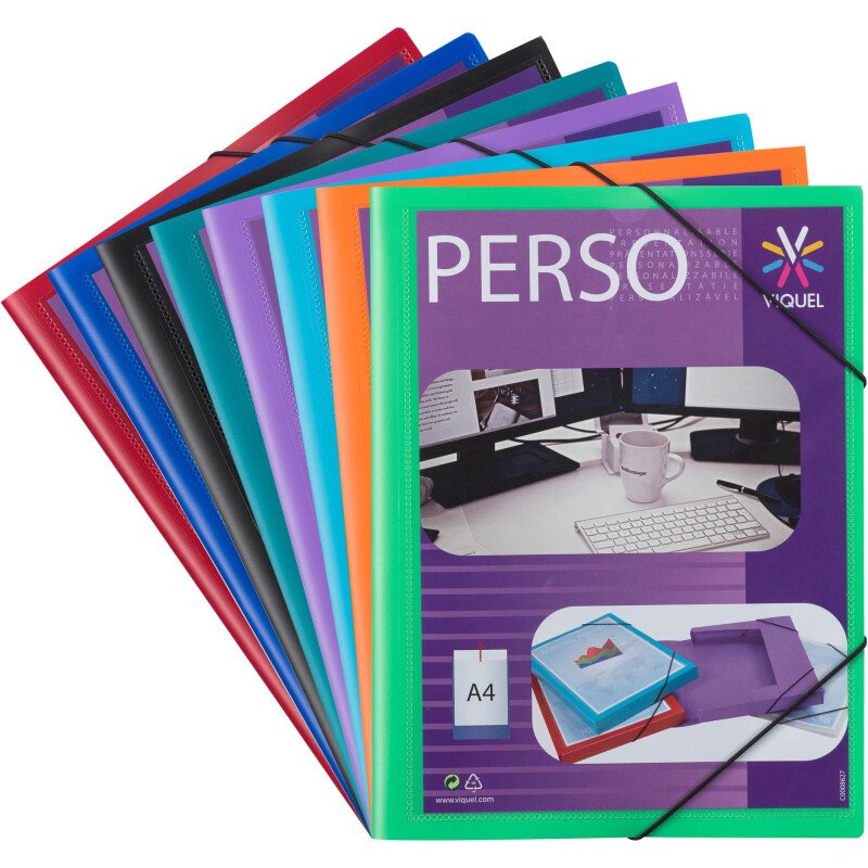 Chemise à élastique 3 rabats plastique personnalisable Viquel - Essentiel Recycle - 24 x 32 cm dos 1,5 cm couleurs assorties