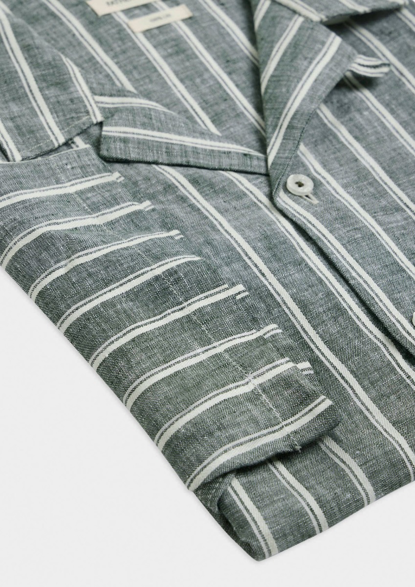 Chemise manches courtes Slim en popeline de lin kaki à rayures blanches