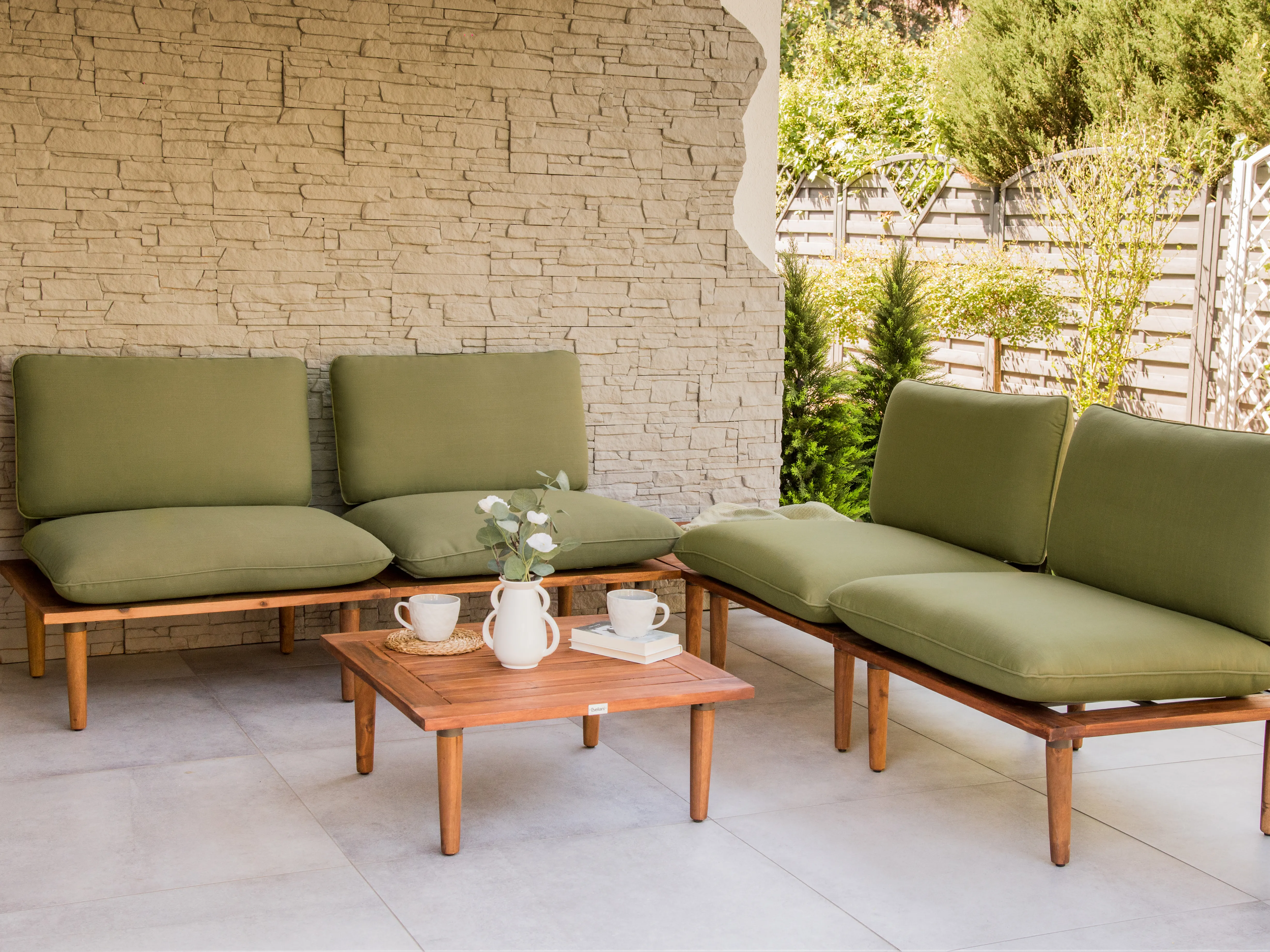 Loungeset met tafel 4-zits FRASCATI modulair Gecertificeerd acaciahout Olijfgroen