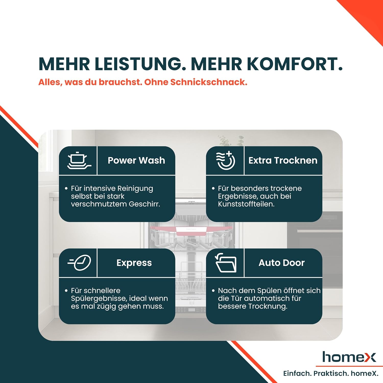 homeX Geschirrspüler 60 cm, Spülmaschine vollintegrierbar - 14 Maßgedecke, 8 Programme, AquaStop, Besteckschublade, 44 dB, Bodenlicht, Automatische Türöffnung, Einbaugeschirrspüler vollintegriert