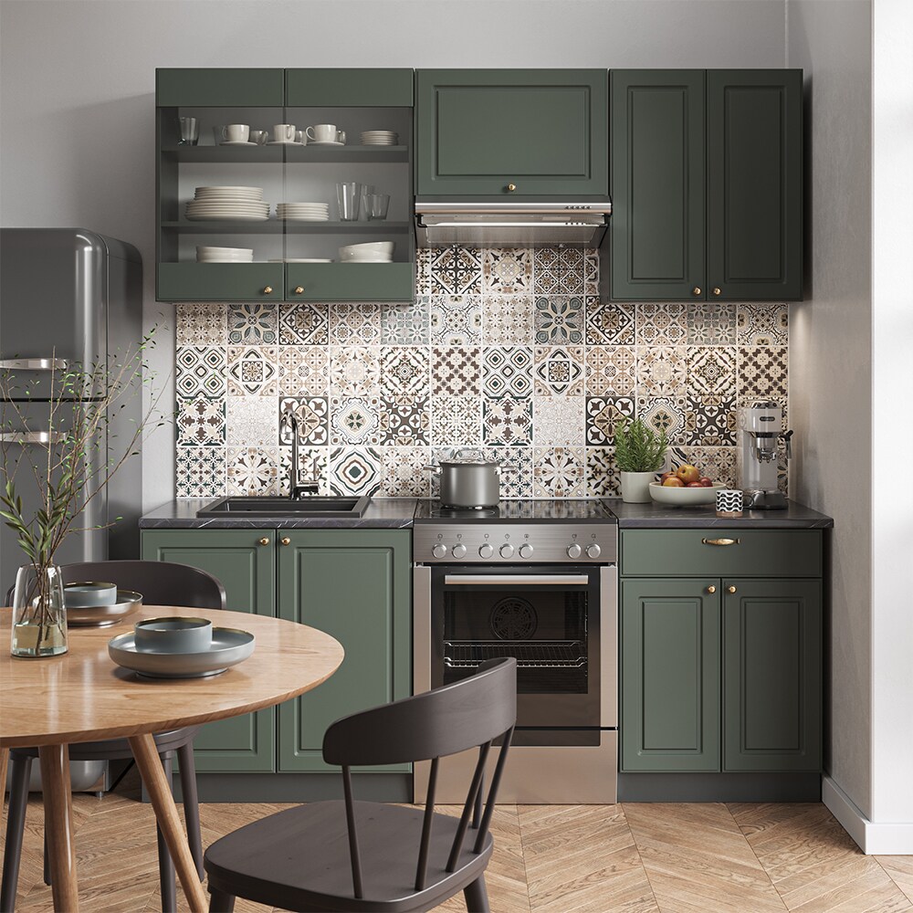 Vicco Küchenzeile Küchenblock Einbauküche Fame-Line Landhaus Anthrazit Grün Gold 200 cm Küchen Schränke Schubunterschrank Spülenunterschrank Hängeschrank Hängeglasschrank