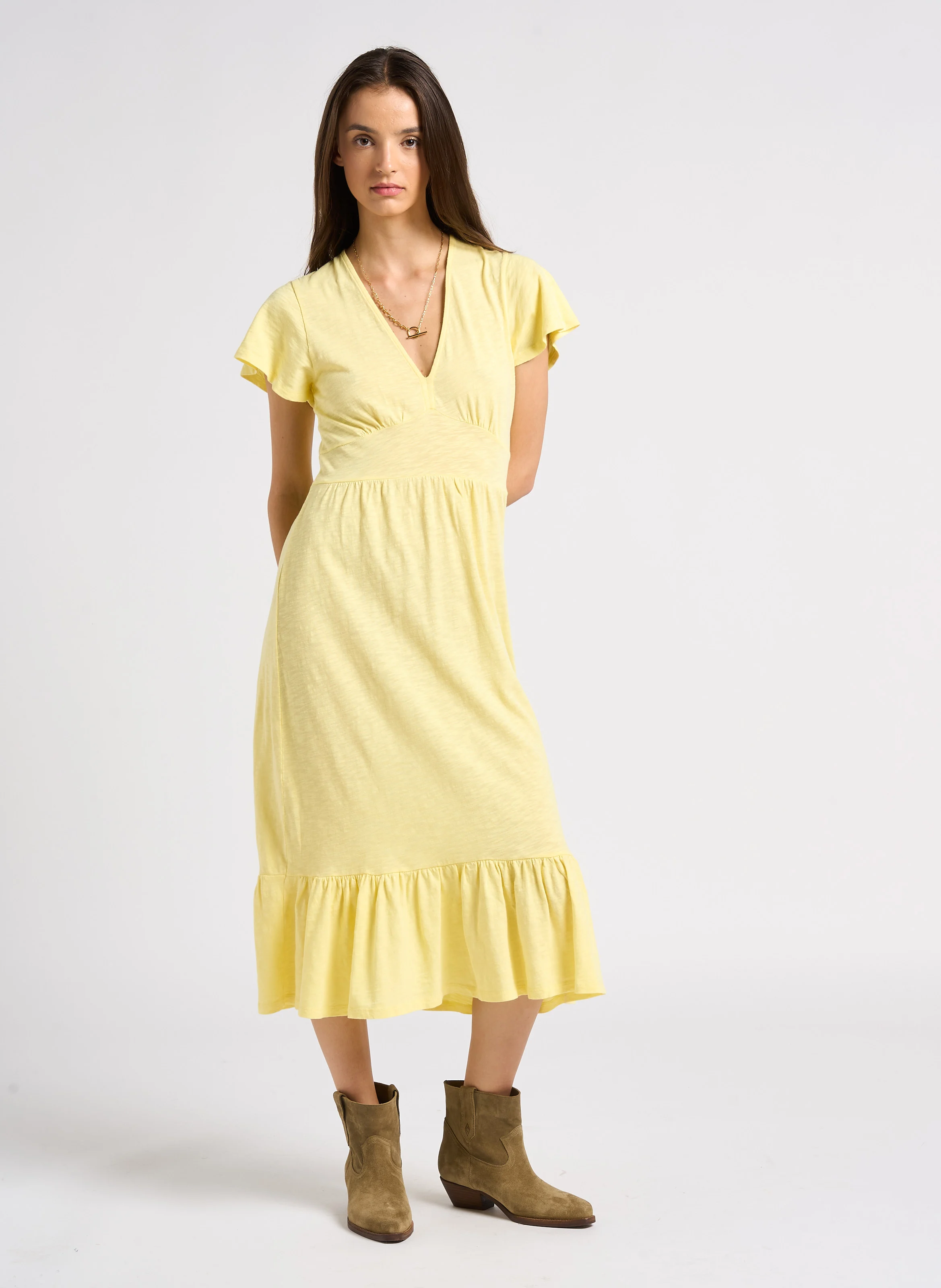 VALMA - Robe midi col V en coton| Jaune