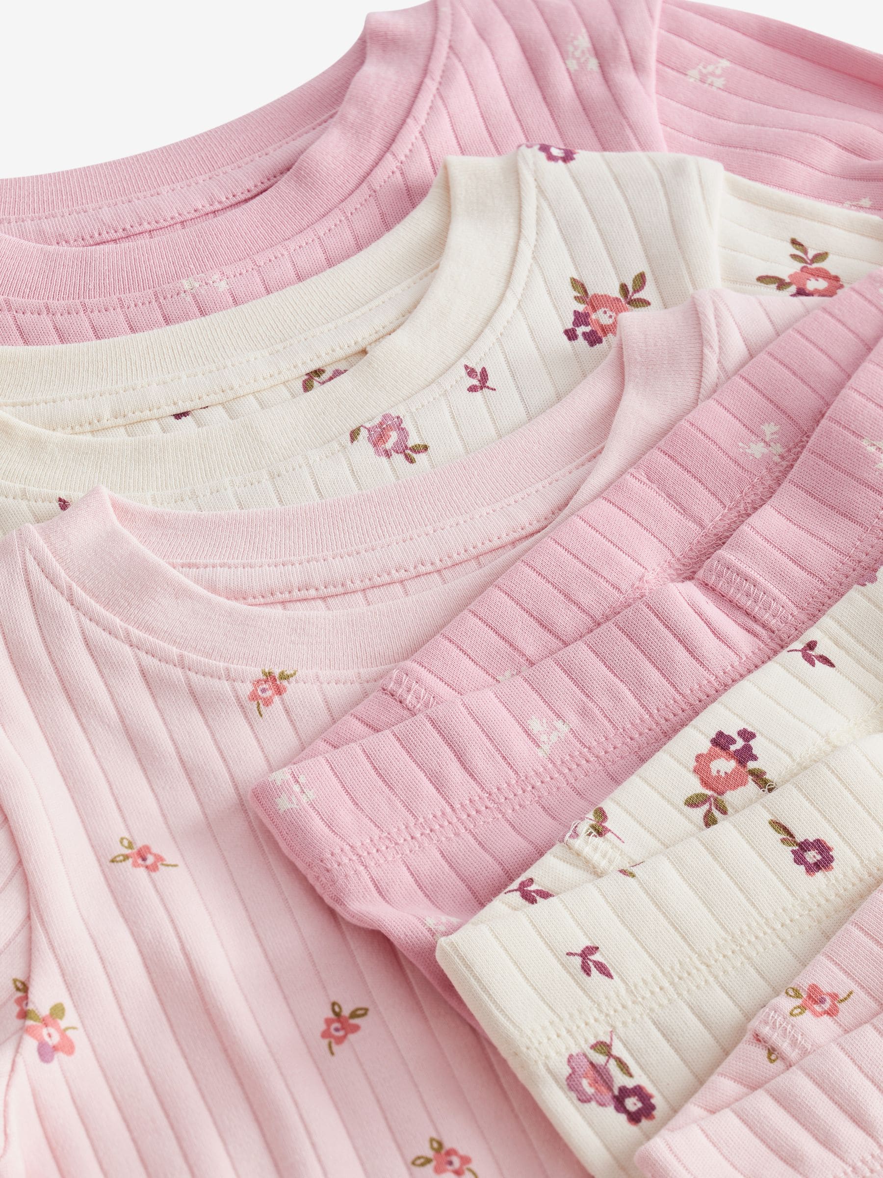 Roze/witte Ditsy - Knusse geribbelde pyjama's 3 verpakking (9mnd-12jr)