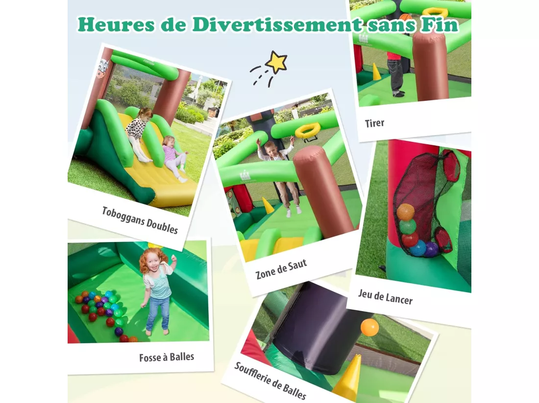 Château Gonflable 6-en-1 avec Toboggans Doubles, Maison Gonflable Intérieur Extérieur avec Trampoline, Sac de Transport, Panier de Basket, Thème Ferme, 356x330x220CM, 3-10 Ans (Avec souffleur)