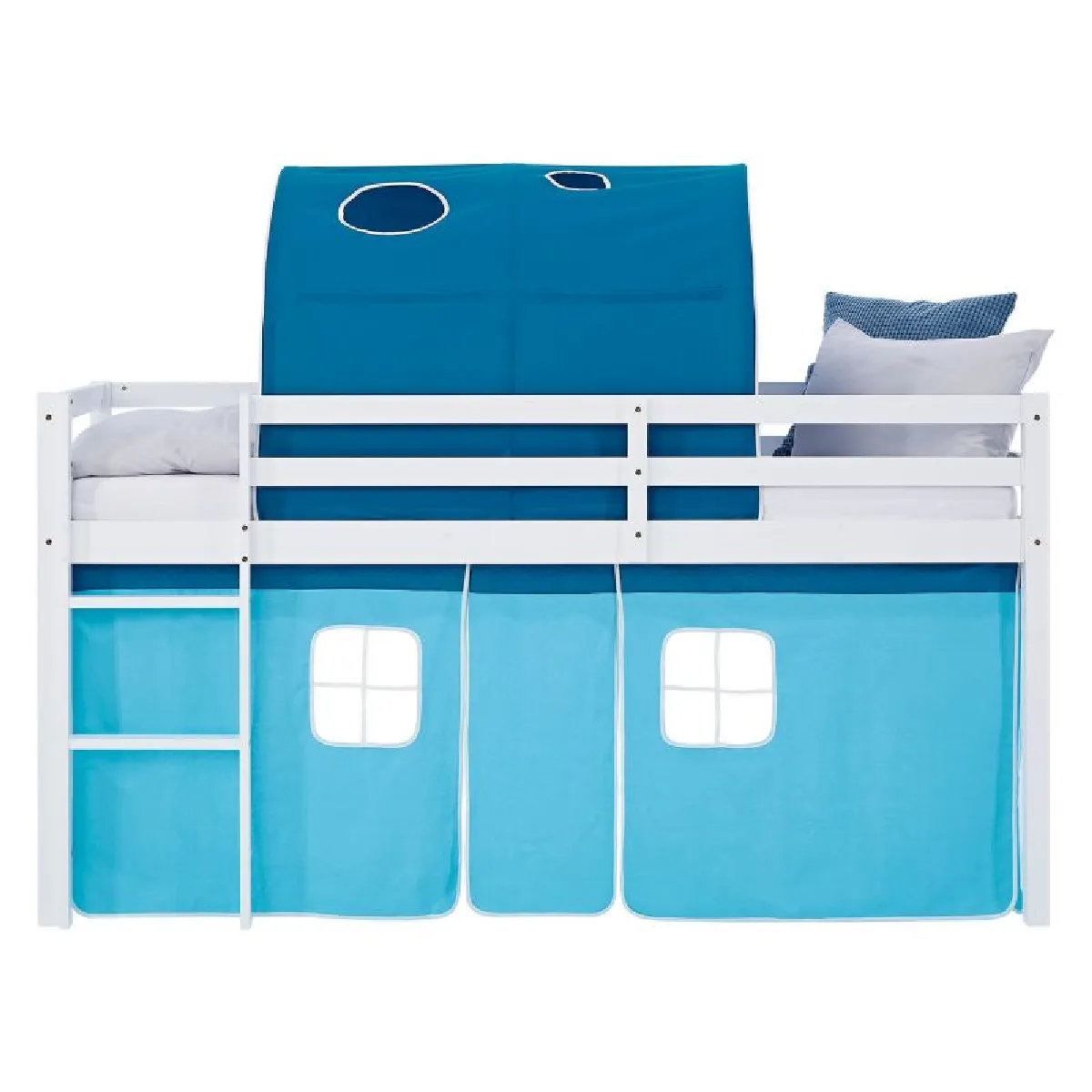 Homestyle4U Lit mi-hauteur 90x200 cm matelas rideau tunnel bleu